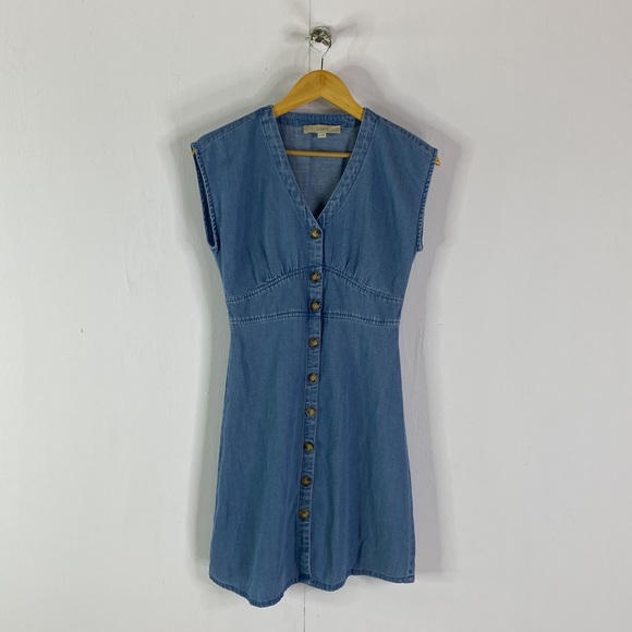 Loft Petite Chambray Button Down Flare Dress in Botanic Blue - Picture 2 of 13